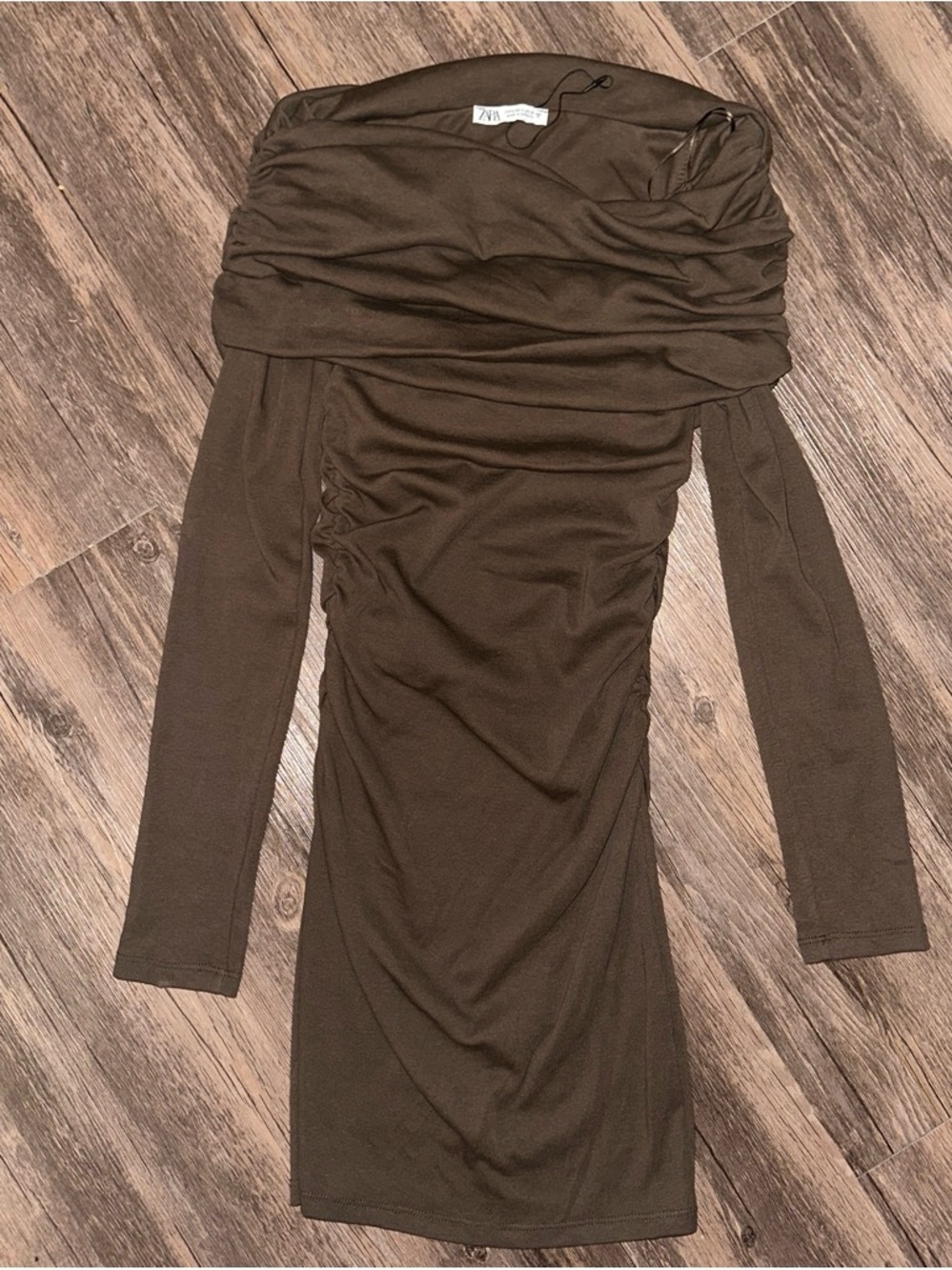 Zara Olive Brown Off-Shoulder Ruched Long Sleeve Dress - Size S